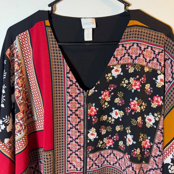 Chicos Floral Patchwork Print Kimono Sleeve Zipper Front Blouse Size 3 (16/18) - Picture 3 of 10